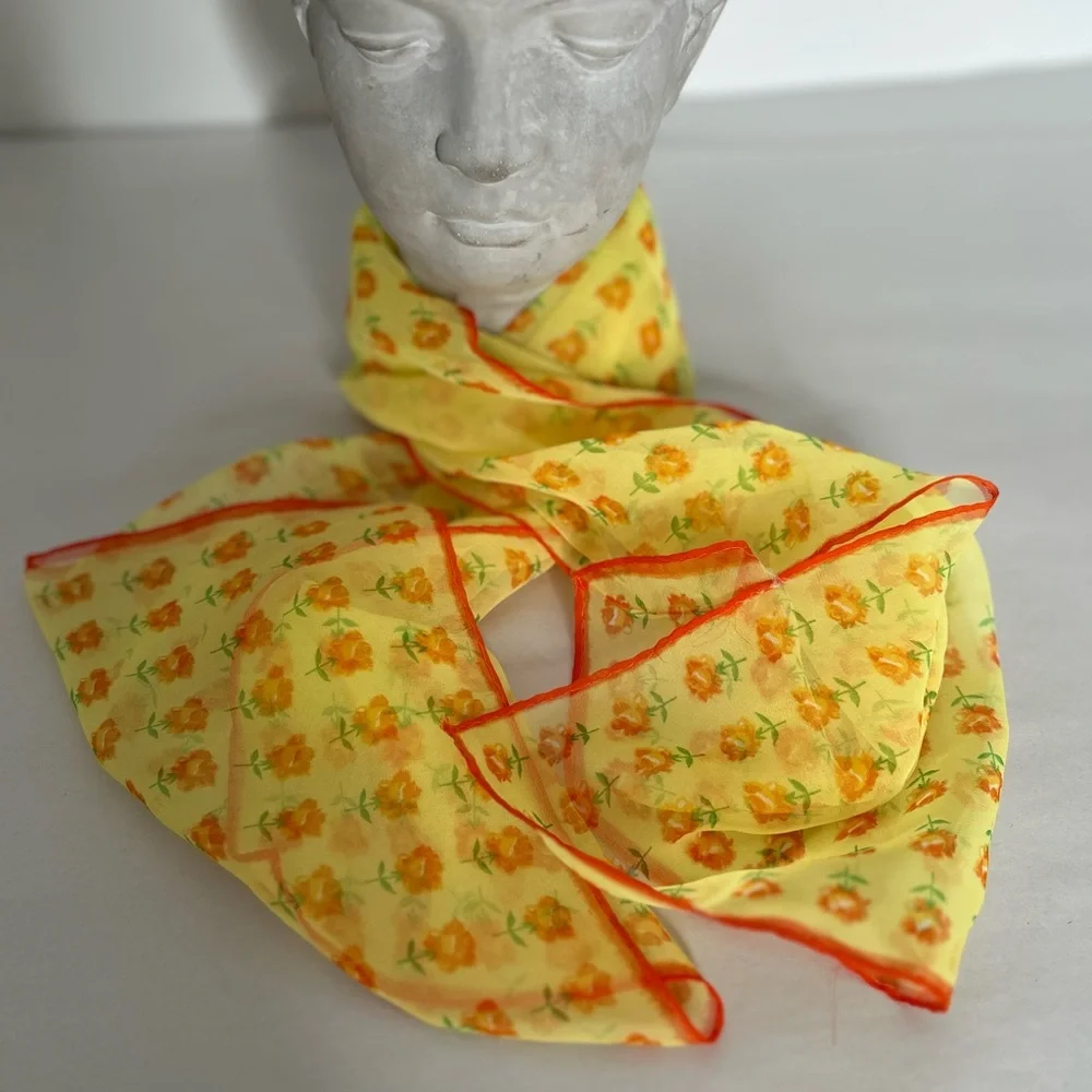 Yellow Floral Silk Scarf with Orange Trim - Women's Accessory